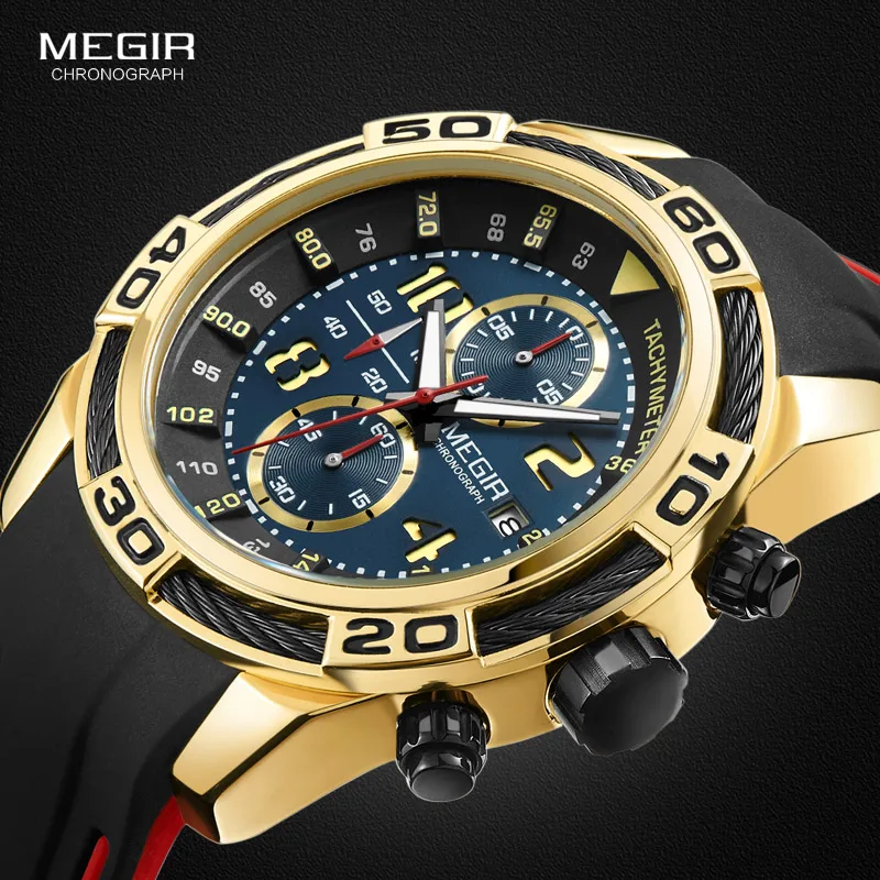 

Megir Men's Chronograph Analogue Quartz Watches Wateproof Luminous Hands Rubber Strap Sport Wristwatch for Boys 2045GDBK