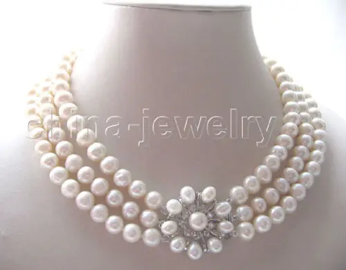 

3row 8-9mm 17-19inch natural white round freshwater pearl necklace-pearl clasp^^^@^Noble style Natural Fine jewe FREE SHIPPING