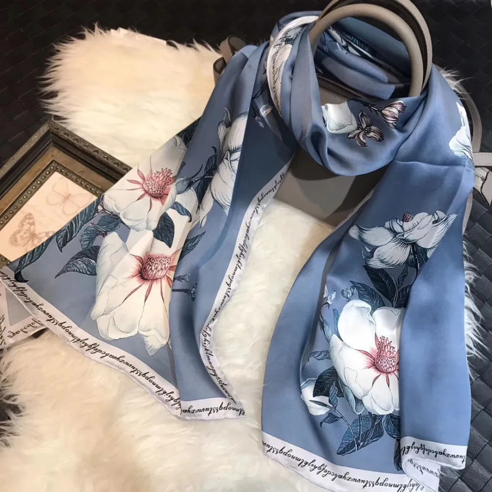 

[BYSIFA] Winter Grey Blue Silk Scarf Foulard Women New Lilac flower Design Long Scarves Wraps Fashion 100% Pure Silk Scarf Shawl