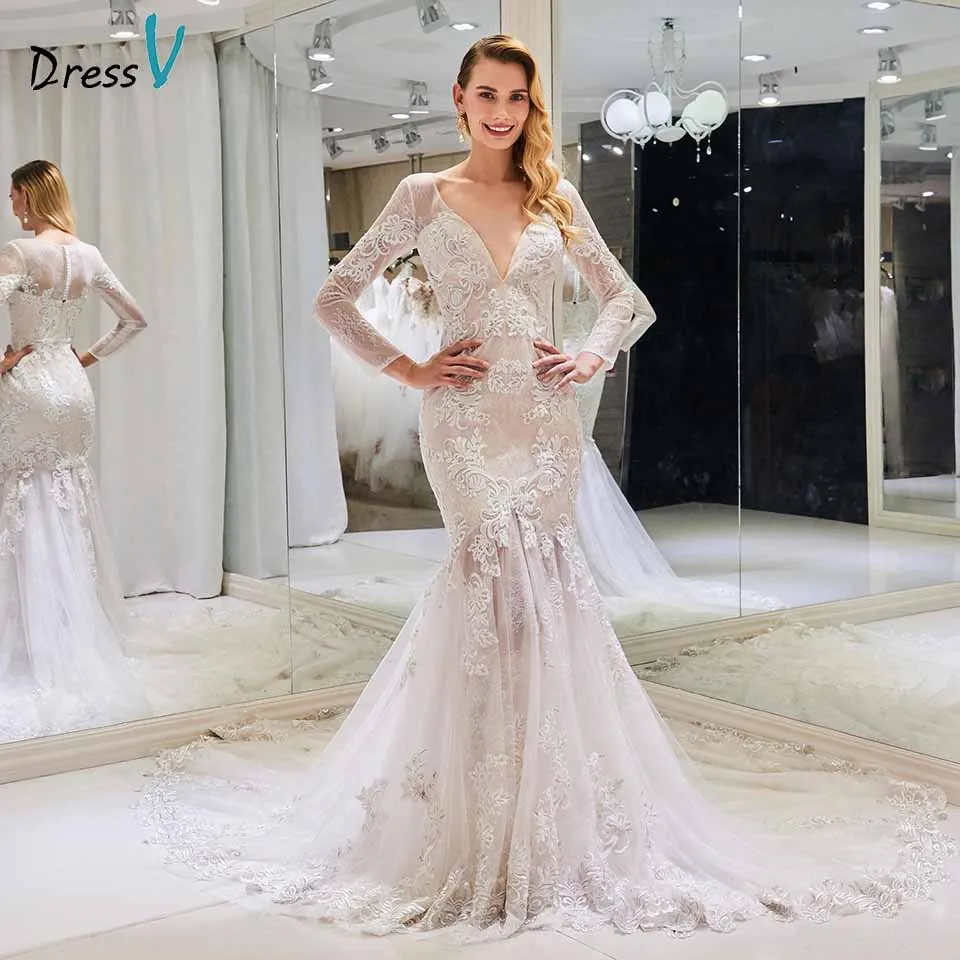Dressv v neck wedding dress mermaid appliques long sleeves button lace floor length bridal outdoor&church wedding dresses
Dressv v neck wedding dress mermaid appliques long sleeves button lace floor length bridal outdoor&church wedding dresses