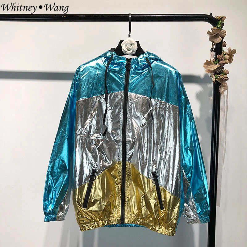 WHITNEY WANG 2018 осень зима мода уличная цвета контрастная металлическая толстовка с