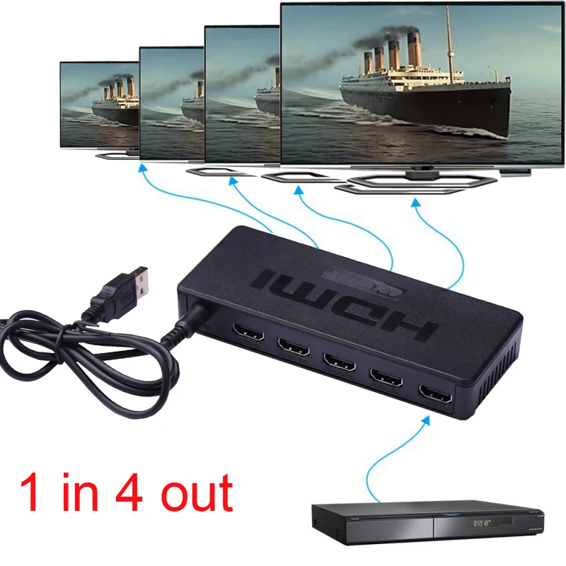 1X4 HDMI Splitter 1 In 4 Out HD 1080p Video Switch Switcher Converter 1 Inout 4 Output for PS3 Xbox DVD PC to HDTV TV Projector
1X4 HDMI Splitter 1 In 4 Out HD 1080p Video Switch Switcher Converter 1 Inout 4 Output for PS3 Xbox DVD PC to HDTV TV Projector