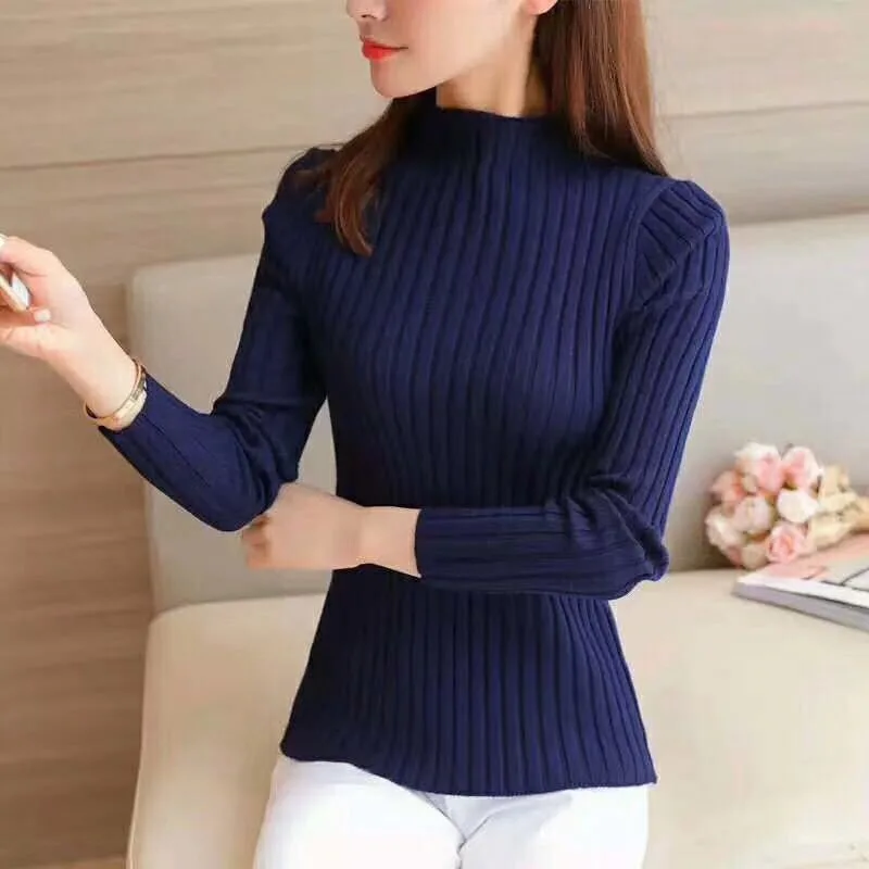 Женский Однотонный свитер с длинным рукавом облегающий вязаный пуловер высоким