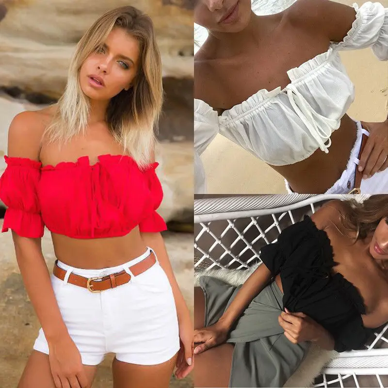 2018 Women Crop T-Shirts Sexy Summer Women Off Shoulder Crop Tops Casual Short Sleeve Strapless Women Tee Clothes
2018 Women Crop T-Shirts Sexy Summer Women Off Shoulder Crop Tops Casual Short Sleeve Strapless Women Tee Clothes