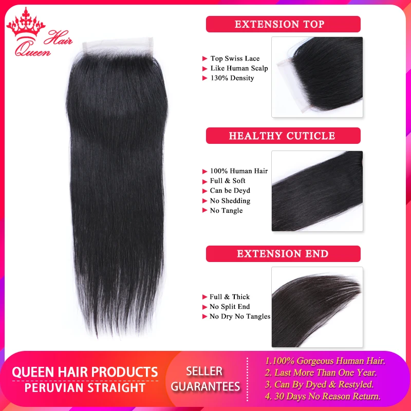 Продукты Queen Hair перуанские прямые волосы на шнуровке человеческие 4x4 свободная