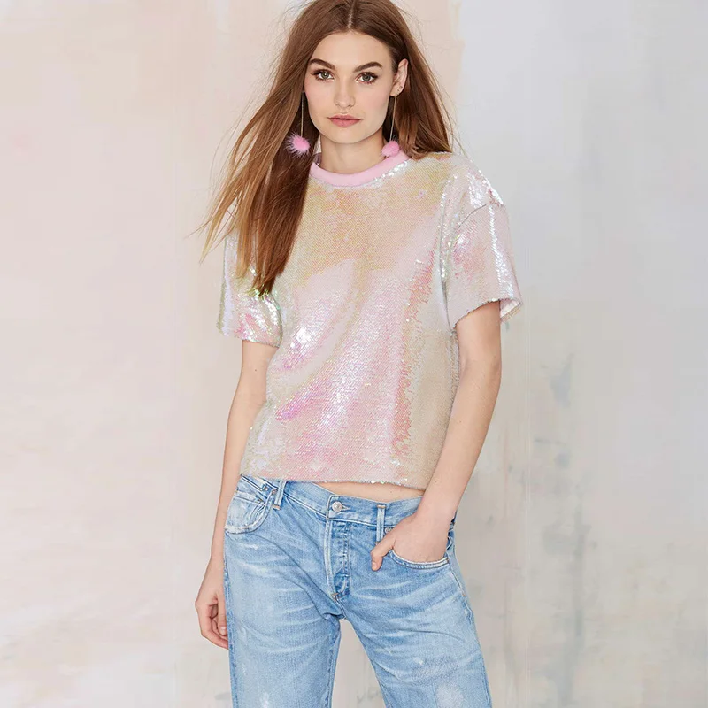 New Arrival Summer women PINK sequin T-shirt 2017 High quality gorgeous shirt for girls plus size clothing sequined Top | Женская одежда