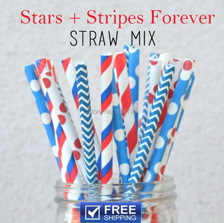 

200pcs Mixed 4 Designs Stars + Stripes 4th of July Paper Straws, Blue and Red Chevron,Striped,Polka Dot,Patriotic Party Supplies