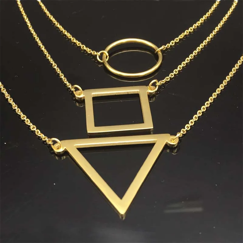 316L Stainless Steel Gold Color Three Multi Layered Round Square Triangle Charm Pendant Long Necklace for Women
316L Stainless Steel Gold Color Three Multi Layered Round Square Triangle Charm Pendant Long Necklace for Women