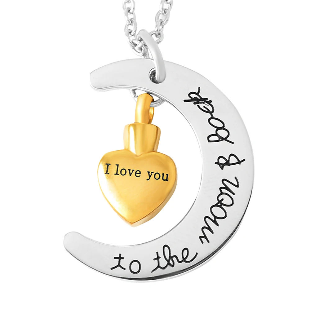 IJD9497 Unisex Stainless Steel 'I Love You To the Moon Back' Classic DIY Moon Heart Cremation Urn Pendant Necklace
IJD9497 Unisex Stainless Steel 'I Love You To the Moon Back' Classic DIY Moon Heart Cremation Urn Pendant Necklace