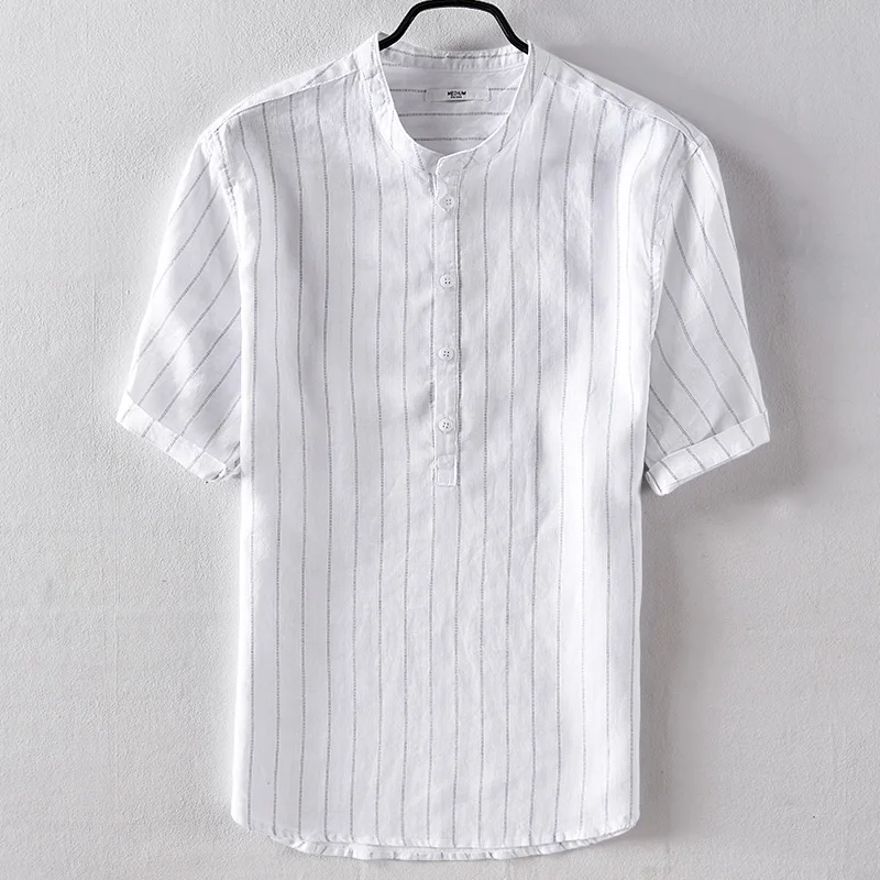 Japanese style men's striped casual linen short-sleeved shirt loose stand collar breathable flax shirt men summer white shirts
Japanese style men's striped casual linen short-sleeved shirt loose stand collar breathable flax shirt men summer white shirts