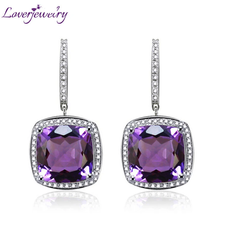 

LOVERJEWELRY Dangle Earrings for Women Solid 14Kt White Gold Natural Diamond Purple Amethyst Drop Earrings Cushion 12mm Gemstone