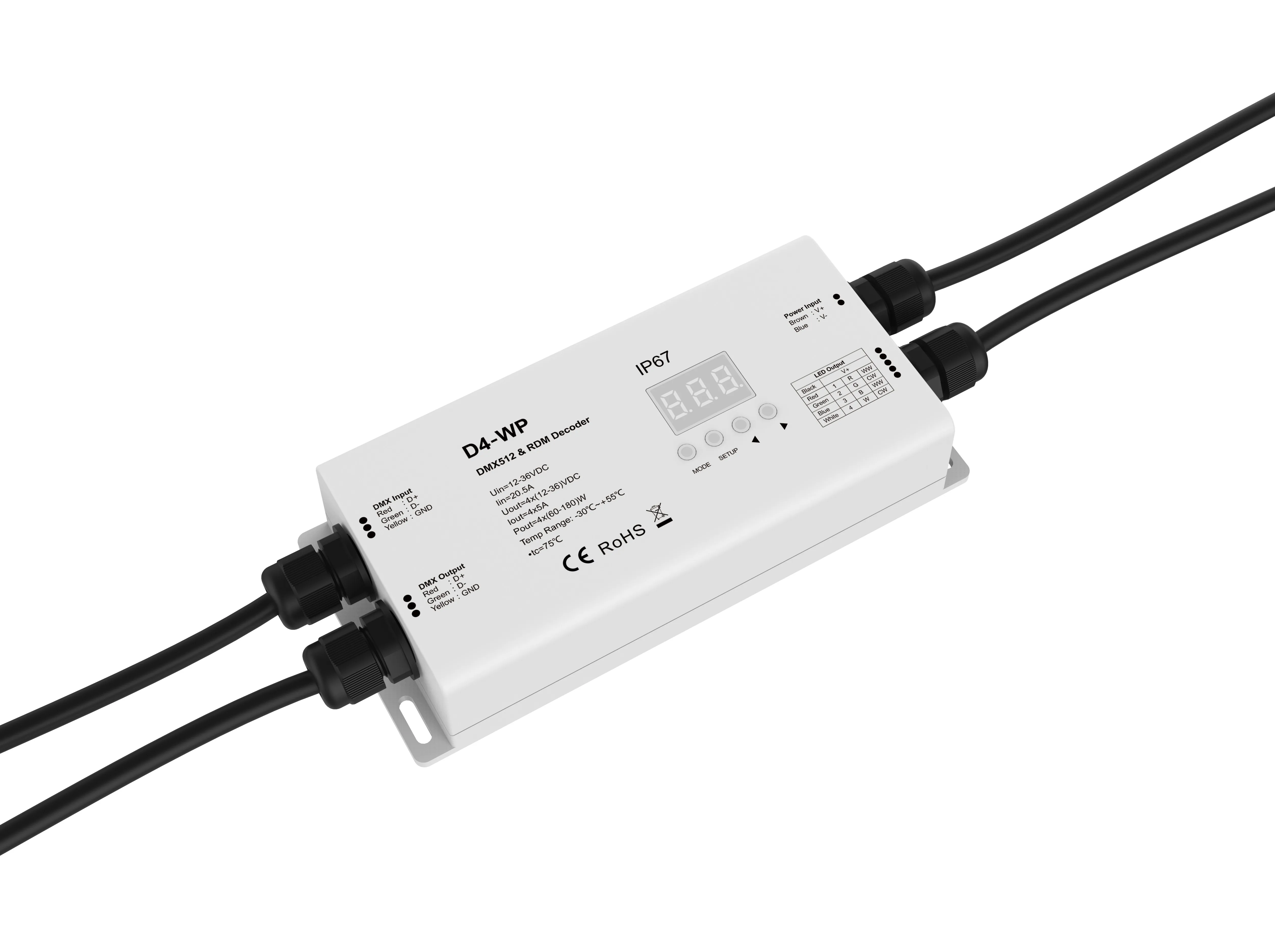 4 Channel Constant Voltage Waterproof DMX512 & RDM Decoder;DC12-36V input;5A*4CH output
4 Channel Constant Voltage Waterproof DMX512 & RDM Decoder;DC12-36V input;5A*4CH output