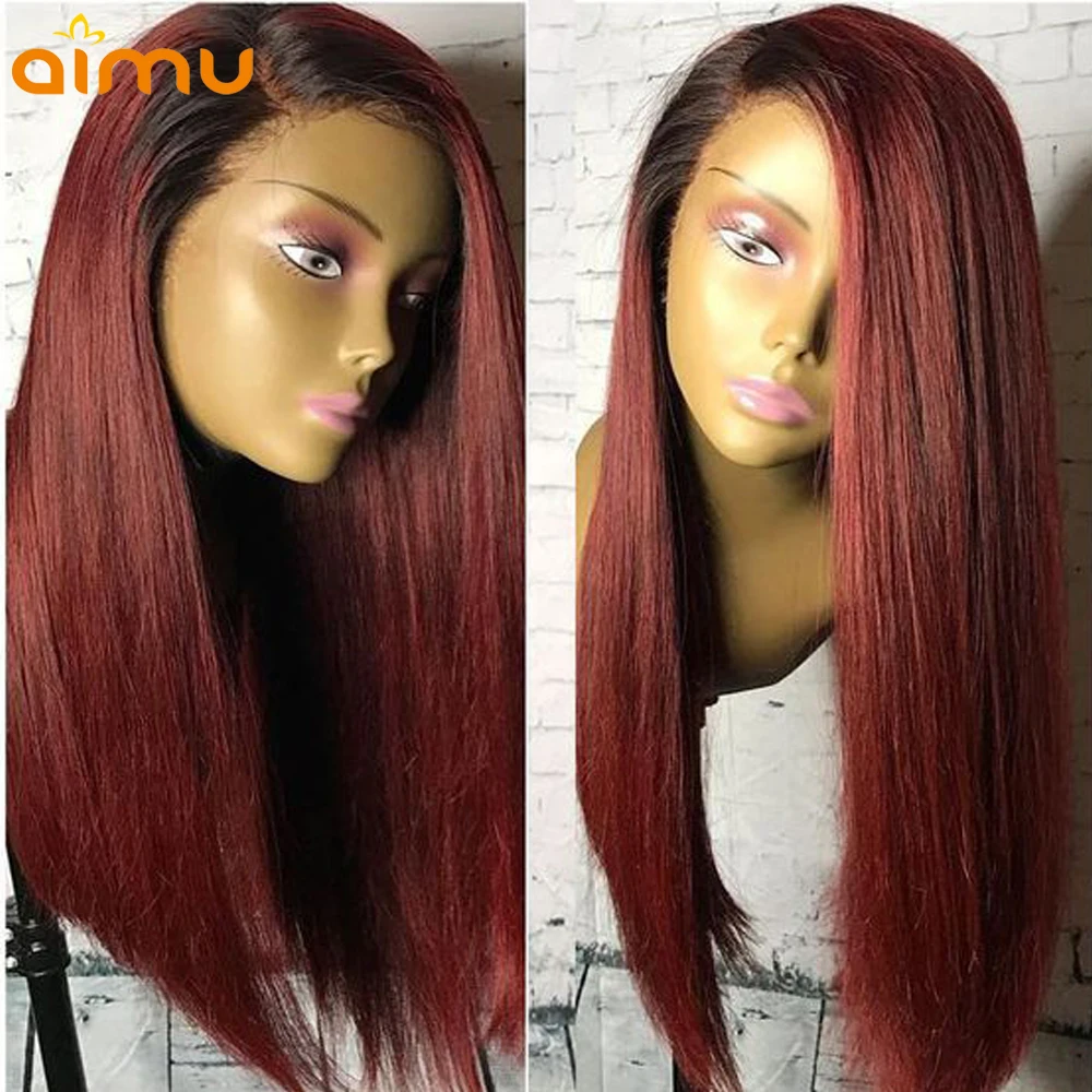 1B/ 99J Ombre Human Hair Wig With Baby 180 Density Brazilian Remy 13X6 Pre Plucked Straight Lace Front For Black Women | Шиньоны и