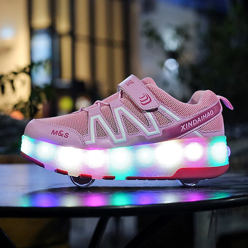 Eur28-40// Two Wheels USB Charging Glowing Sneakers on Led Light Heelys Roller Skate Shoes for Children led light shoes | Детская одежда