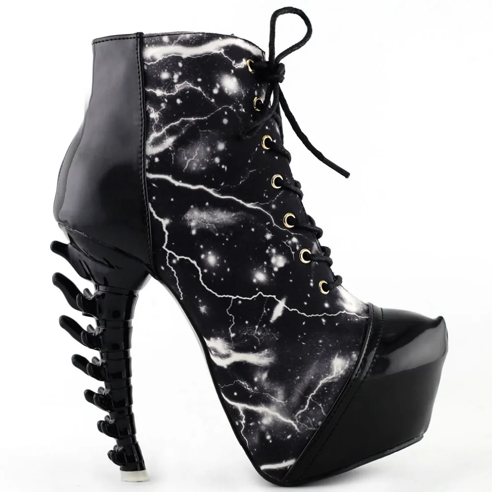 LF80621 крутые ботильоны на шнуровке с принтом молнии и грома|bone heel|bone bootsheel heels |