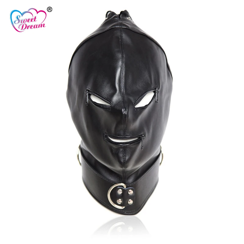 Sweet Dream Black PU Leather Masks Hoods Open Mouth Eyes Fetish Erotic Toys Role Play Adult Game Sex For Couple DW-441 | Красота и