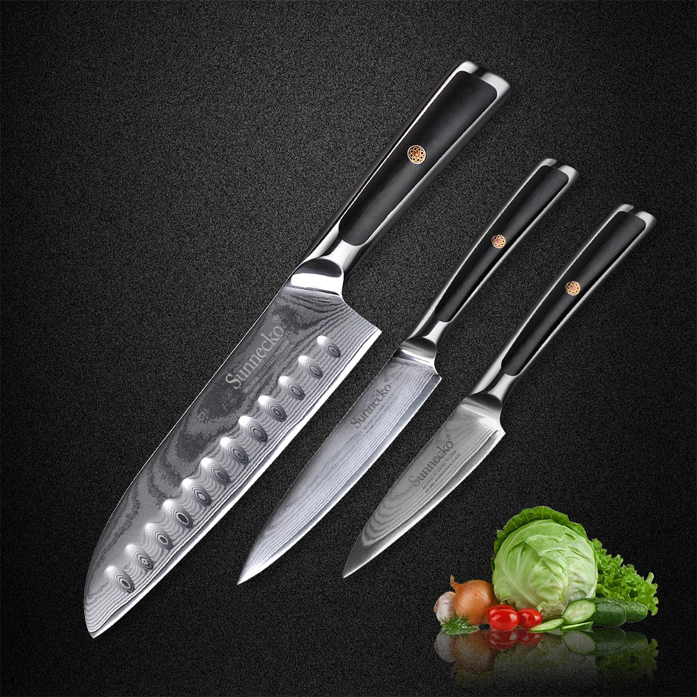 Sunnecko 3pcs Damascus Steel Kitchen Knife Set 73 Layers Japanese VG10 Core Sharp Blade G10 Handle Santoku Utility Paring Knives
Sunnecko 3pcs Damascus Steel Kitchen Knife Set 73 Layers Japanese VG10 Core Sharp Blade G10 Handle Santoku Utility Paring Knives