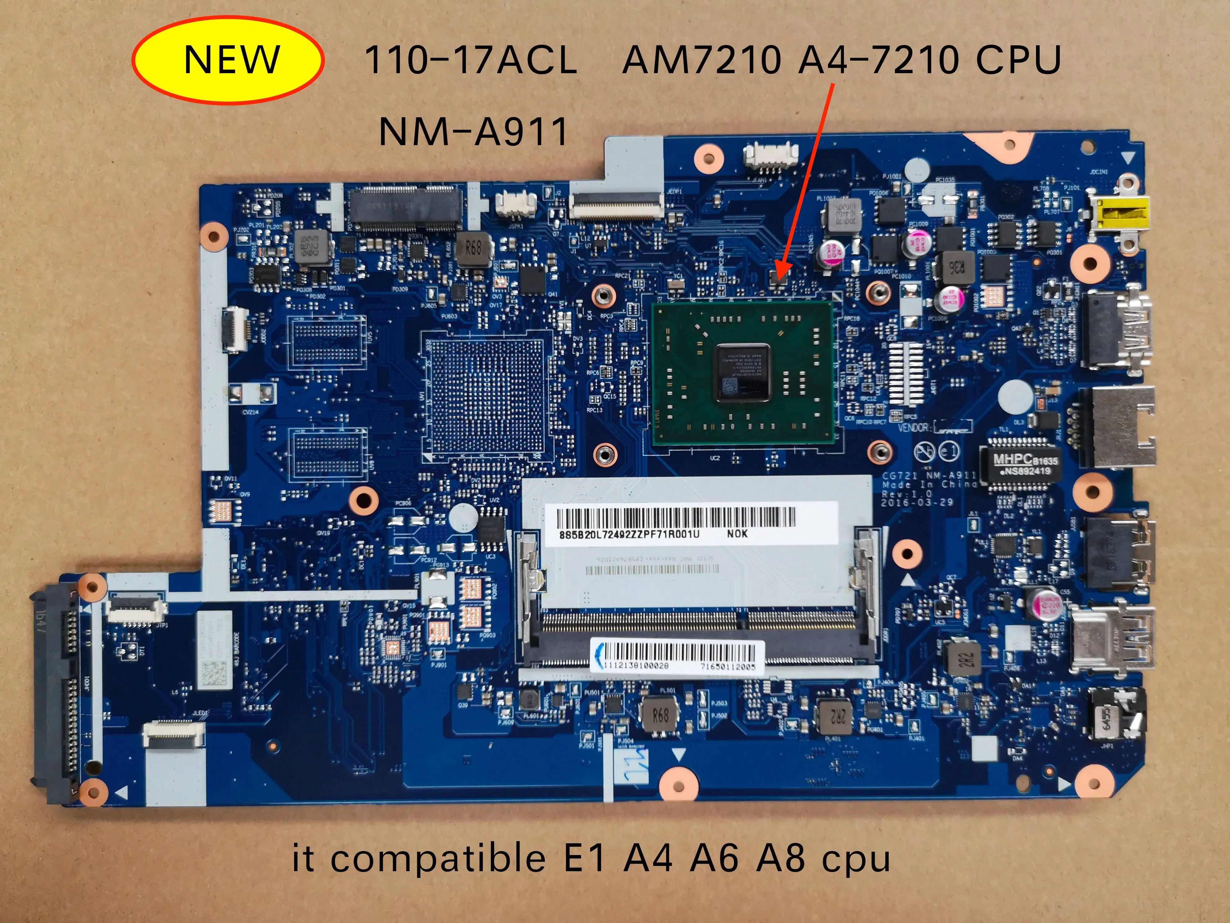 Free Shipping Original For Lenovo 110-17ACL 110 17ACL CG721 NM-A911 laptop motherboard AM7210 A4-7210 CPU
Free Shipping Original For Lenovo 110-17ACL 110 17ACL CG721 NM-A911 laptop motherboard AM7210 A4-7210 CPU
