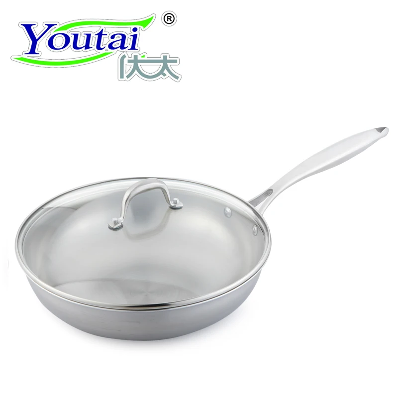 Youtai 28cm stainless steel high quality frying pan non-stick non-coating no lampblack energy-efficient woks with glass cover | Дом и сад