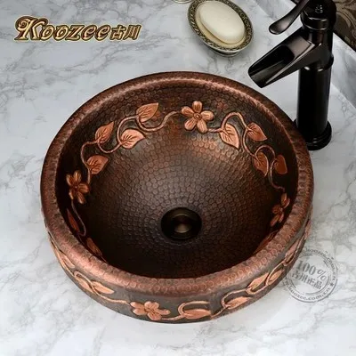 

All copper basin artistic stage retro handmade flower vine circular bathroom sink