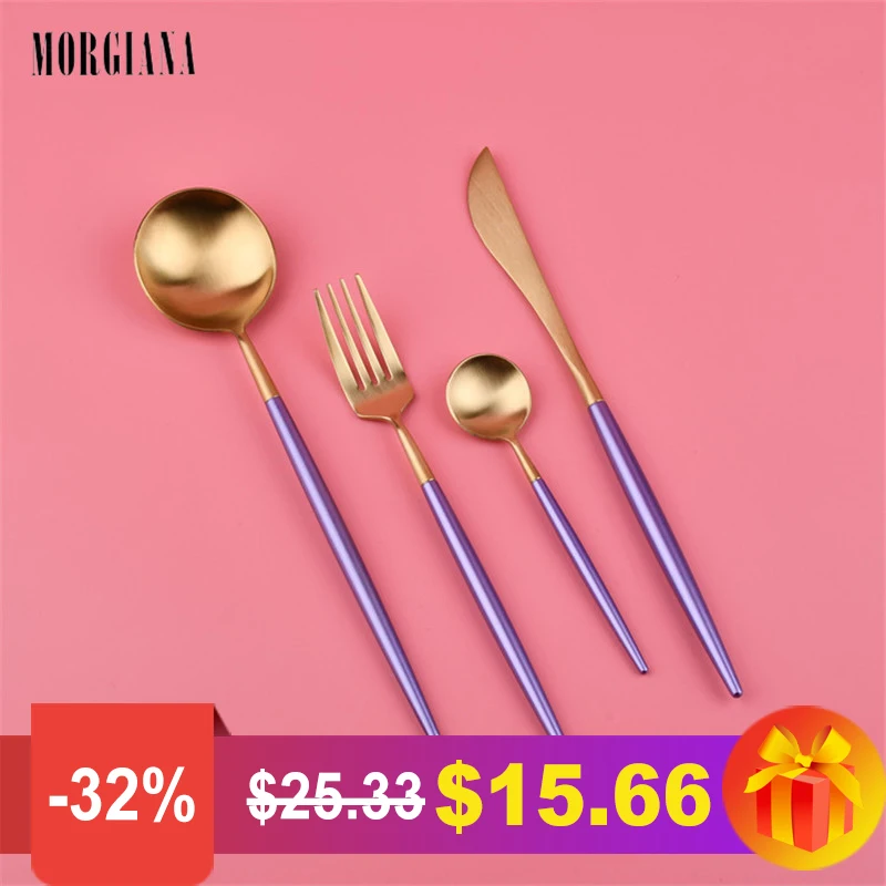 MORGIANA 4Pcs/Set Purple Gold Handle Stainless Steel Silver Two Colors Dinnerware Set Western Knife Fork Scoops Cutlery Set
MORGIANA 4Pcs/Set Purple Gold Handle Stainless Steel Silver Two Colors Dinnerware Set Western Knife Fork Scoops Cutlery Set
