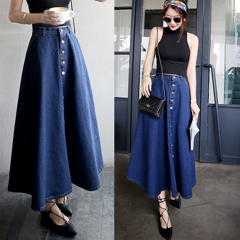 Women Summer High Waist A Line Long Denim Skirt Vintage Button Flared Skirts Plus Size S-2XL Casual Blue Jeans Skirts For Women
Women Summer High Waist A Line Long Denim Skirt Vintage Button Flared Skirts Plus Size S-2XL Casual Blue Jeans Skirts For Women