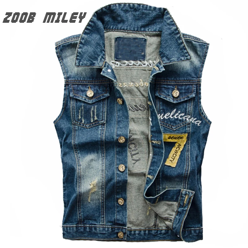 

ZOOB MILEY Denim Jeans Vest Men Cowboy Male Ripped Jacket Sleeveless Frayed Patch Designs Jeans Waistcoat Tanks Plus Size 3XL