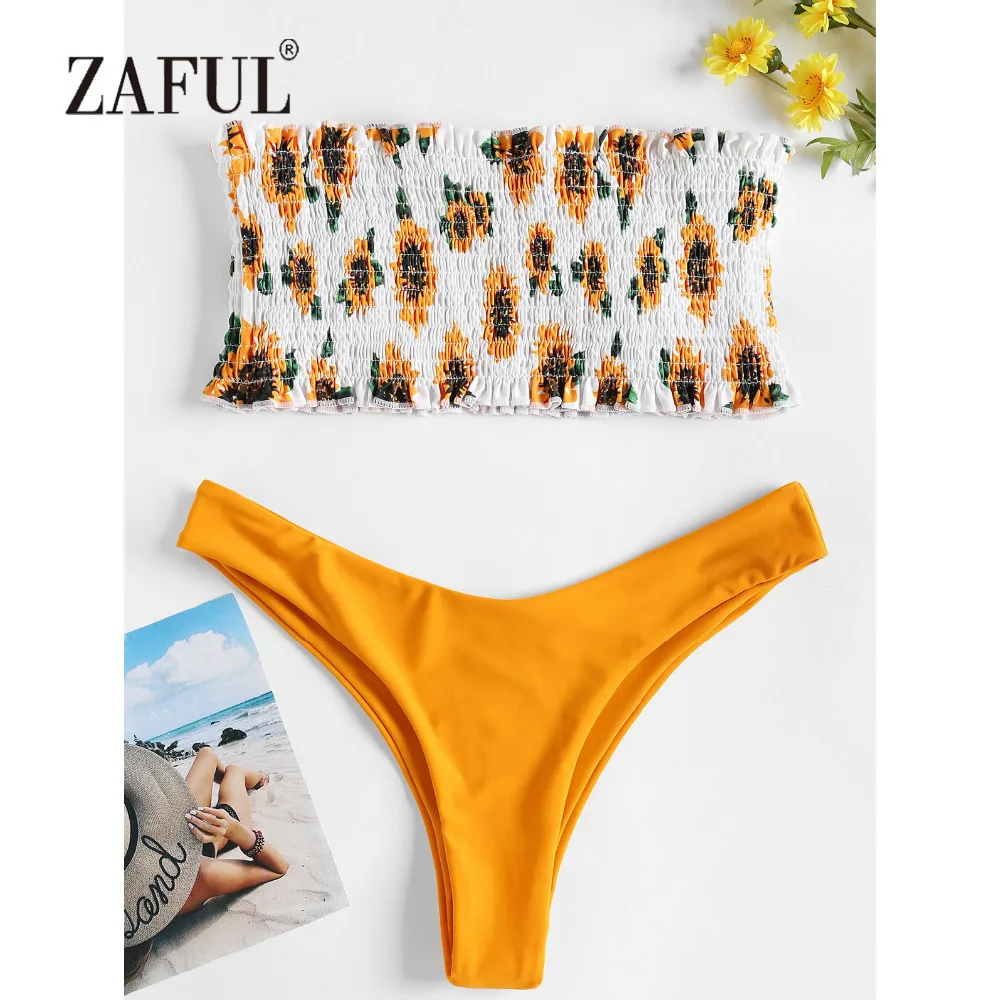 

ZAFUL Smocked Bikini Bandeau Sunflower Swimwear Women Swimsuit Shirred Sexy Low Waist Strapless Floral Bathing Suit Beach Biquni