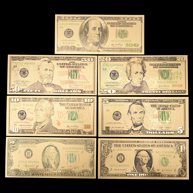 7pcs/lot US Gold Foil Banknote America Fake Banknotes All Dollar Banknotes Paper Money Collection for Home Decoration Gift
7pcs/lot US Gold Foil Banknote America Fake Banknotes All Dollar Banknotes Paper Money Collection for Home Decoration Gift