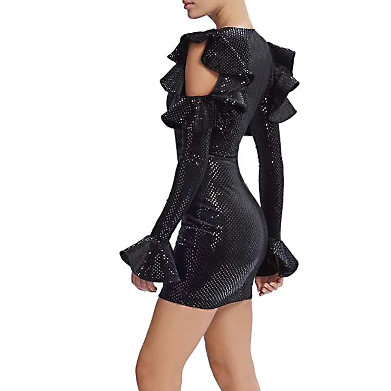 Ruffles Sequins Bodycon Black Sexy Dress Women V Neck Flare Sleeve Short Dresses Elegant Party Night Club Summer Dress
Ruffles Sequins Bodycon Black Sexy Dress Women V Neck Flare Sleeve Short Dresses Elegant Party Night Club Summer Dress