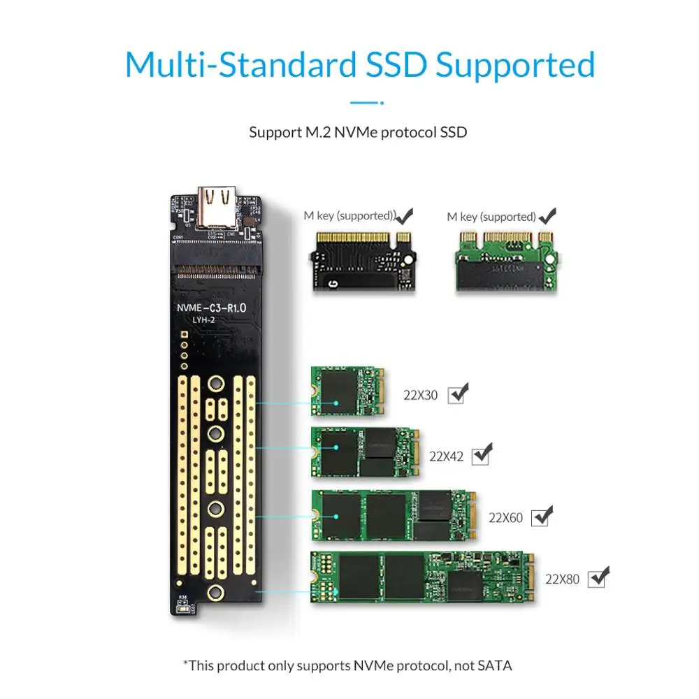 ORICO M.2 NVME SSD корпус 10 Гбит/с Поддержка UASP протокол USB3.1 Gen2 Type-C Mini чехол с кабелем типа