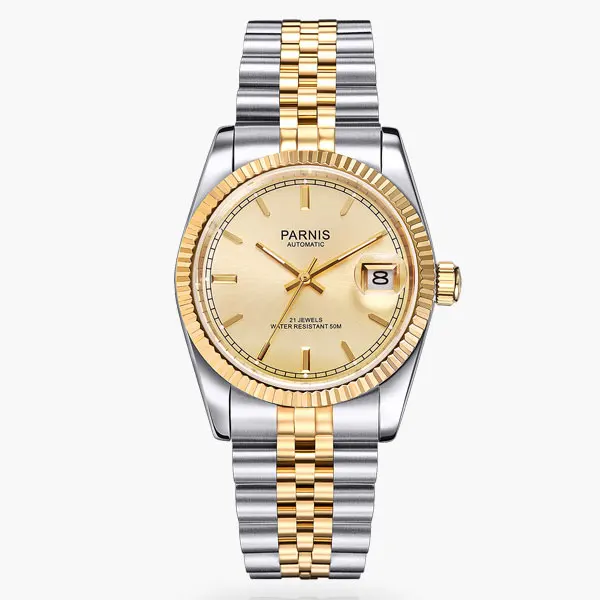 Parnis 36mm golden dial and marks date sapphire glass Automatic movement Men's watches women 389
Parnis 36mm golden dial and marks date sapphire glass Automatic movement Men's watches women 389