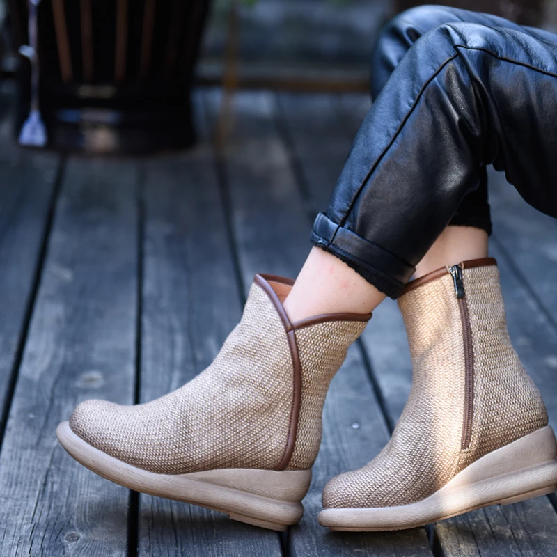 Artmu Original New Winter Folk Style Retro Hemp Thick Sole Wedge Heels Ankle Boots Handmade High Heels Women's Boots 1198-60