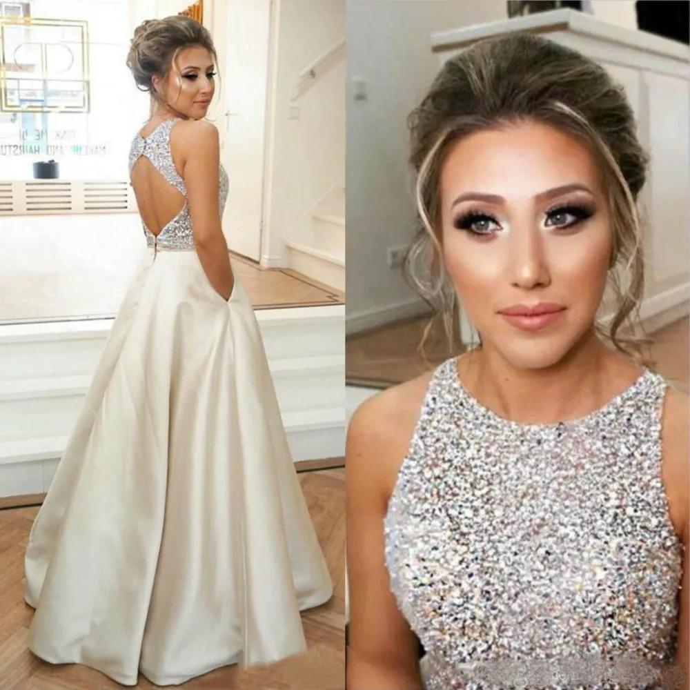 A Line Bridesmaid Dresses Sleeveless Crystals Beaded Formal Prom Dress with Pockets Sexy Backless vestido longo
A Line Bridesmaid Dresses Sleeveless Crystals Beaded Formal Prom Dress with Pockets Sexy Backless vestido longo