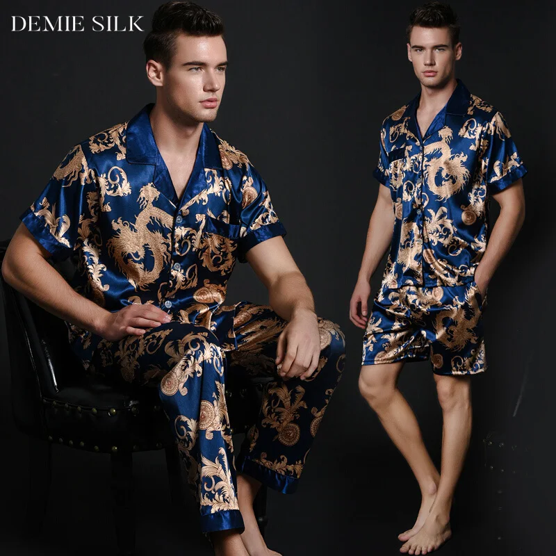 Demiesilk Men's Pajama Sets Three Pieces Imitation Silk Sleepwear with Shorts and Long Pants Short Sleeve | Мужская одежда