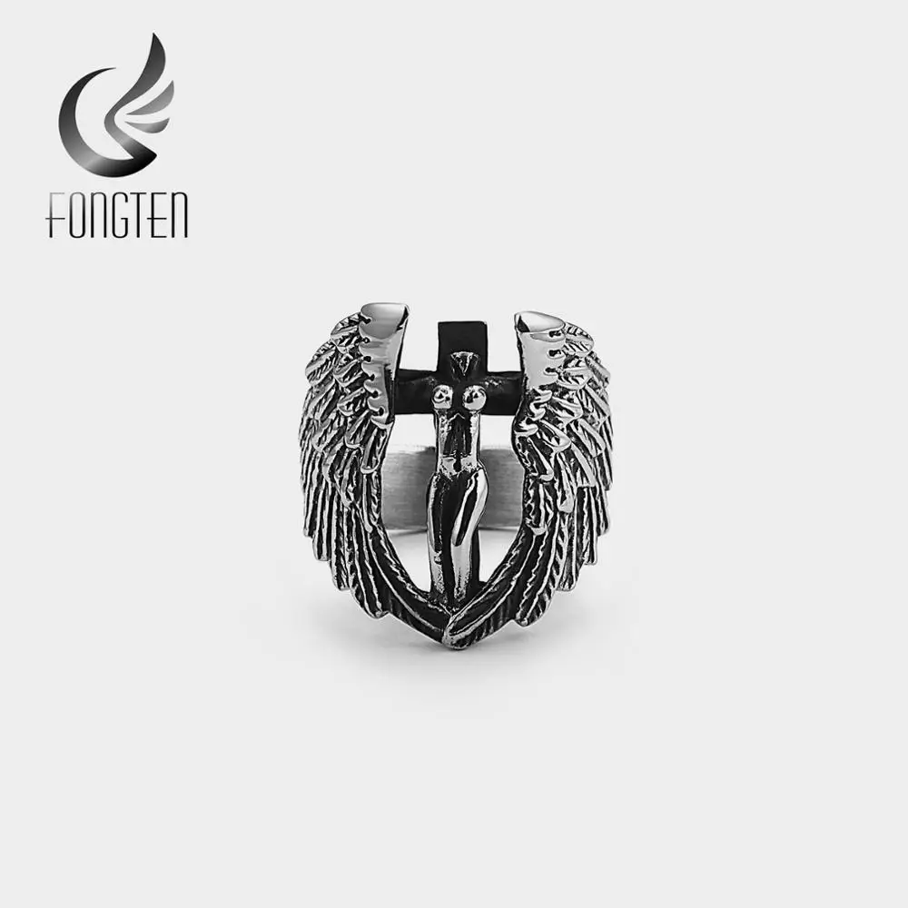 Фото Fongten Винтаж цвет широкий крест нержавеющая сталь большие крылья кольцо для