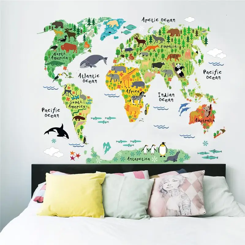 Мультяшные животные Карта мира настенные наклейки для детской комнаты украшения