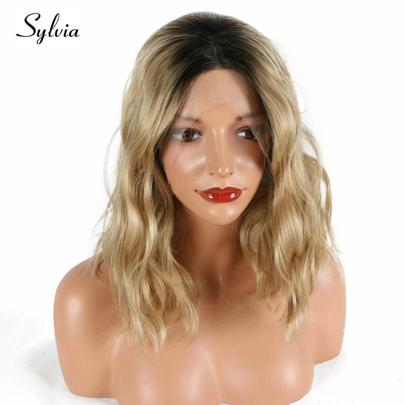 

Sylvia Natural Blonde Ombre Short Water Wave Synthetic Lace Front Wigs Dark Root Bob Hairstyle Heat Resistant Fiber Hair