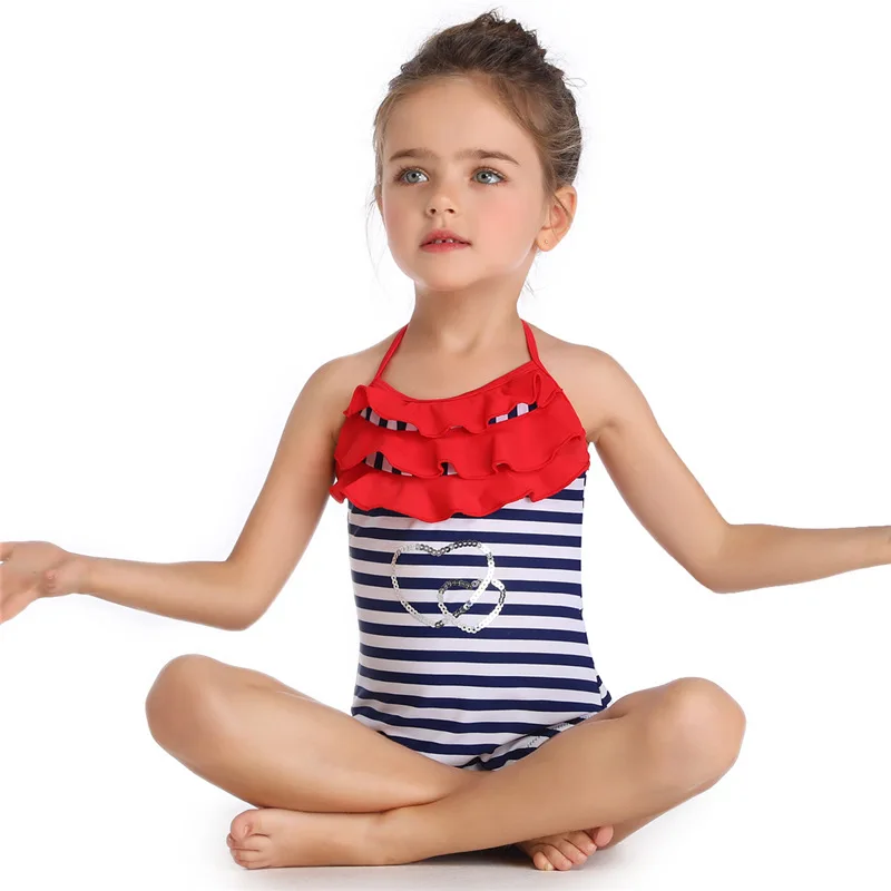 New Girls One Piece Swimsuits Striped Falbala Collar Cute Swimming Suits Children Swimwear Summer Kids Bathing 5-14Y | Спорт и