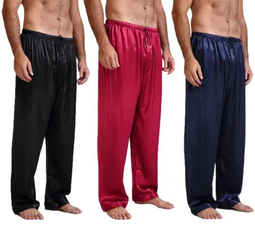 Мужская шелковая атласная пижама однотонные летние штаны для сна отдыха с ремнем