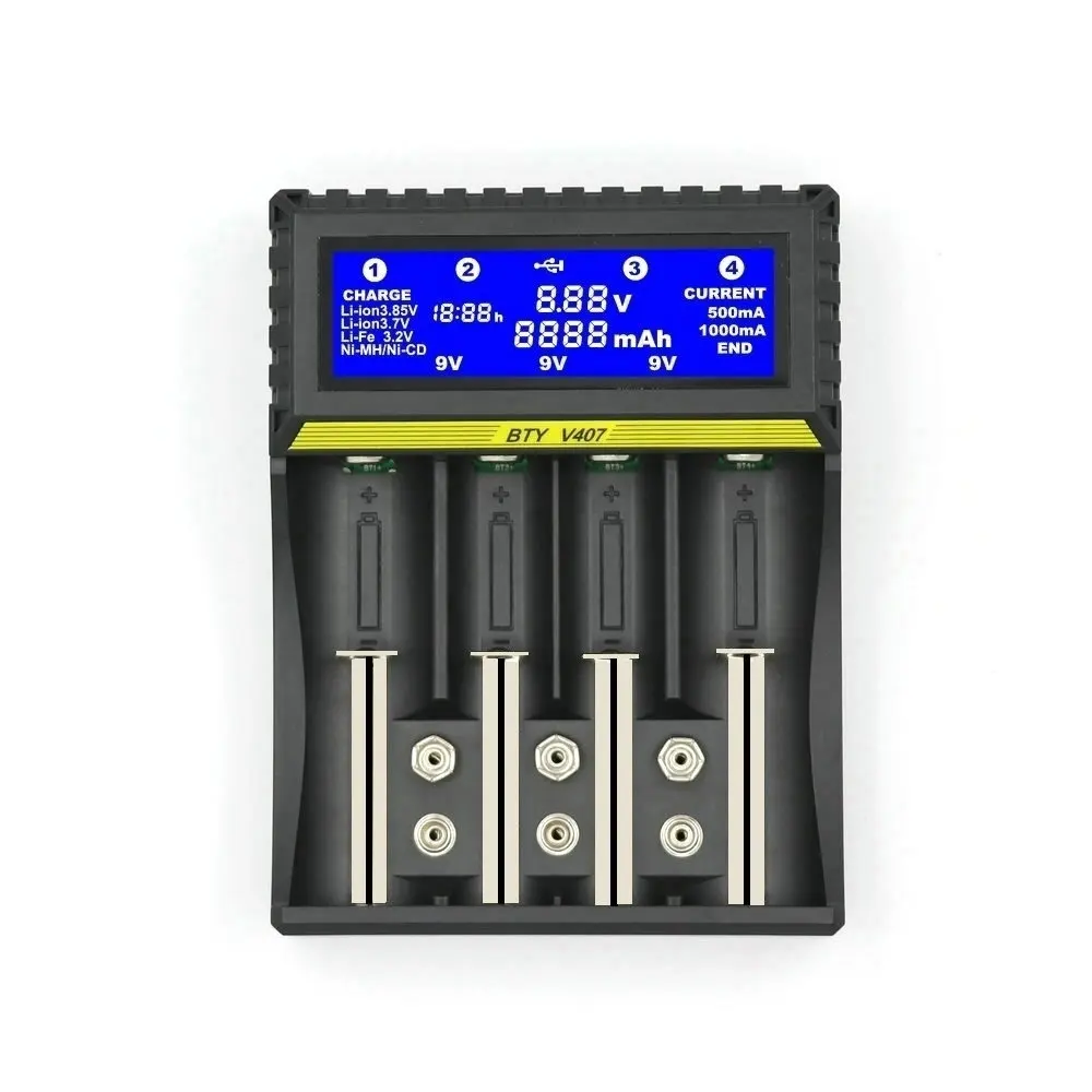 BTY-V407 Battery Charger Li-ion Li-fe Ni-MH Ni-CD Smart Fast Charger For 18650 26650 6F22 9V AA AAA 16340 14500 Battery Charger
BTY-V407 Battery Charger Li-ion Li-fe Ni-MH Ni-CD Smart Fast Charger For 18650 26650 6F22 9V AA AAA 16340 14500 Battery Charger
