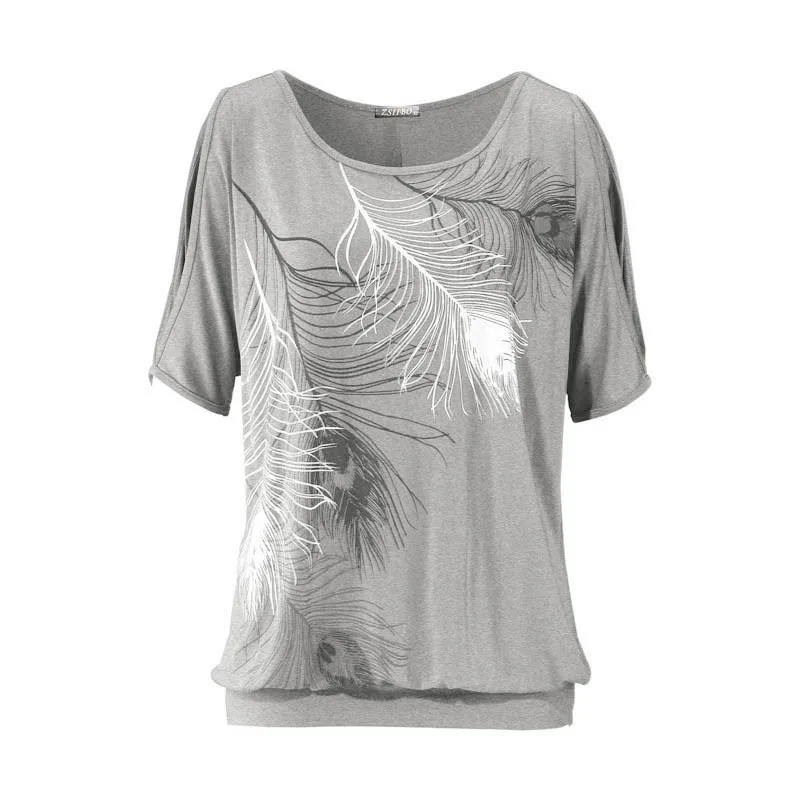Женская футболка с открытыми плечами и принтом перьев без бретелек|Футболки| |