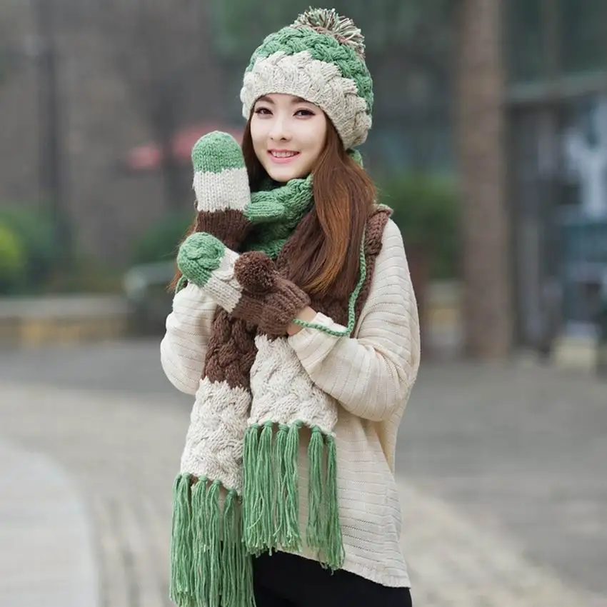 Kagenmo Cap Gloves Scarf Three Set Thick Cotton Knit Women'S Warm Winter Fashion Contrast Color Female Set
Kagenmo Cap Gloves Scarf Three Set Thick Cotton Knit Women'S Warm Winter Fashion Contrast Color Female Set
