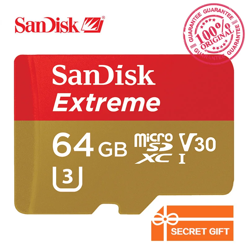 Фото Оригинальные Карты памяти SanDisk Extreme microSD UHS I microSDXC Flash карты Class10 U3 90 МБ/с. 64 ГБ TF C10