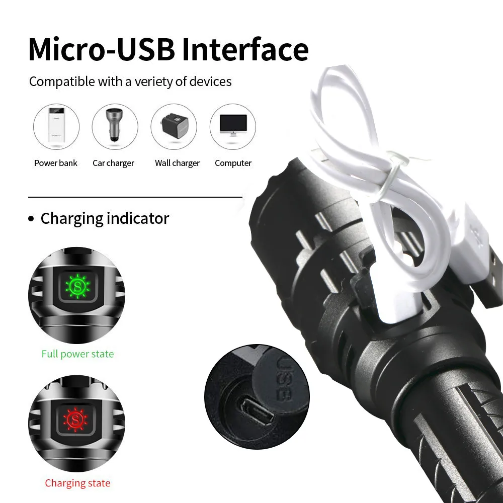 Ультра яркий светодиодный тактический фонарик USB Перезаряжаемый 18650