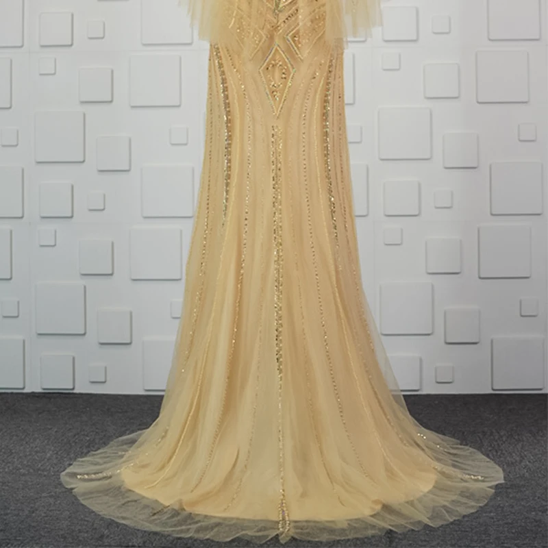 JANCEMBER Luxury abend kleider Beading Crystal Pattern Sequined Illusion O-Neck Court Train Mermaid long sleeve evening gown | Свадьбы и
