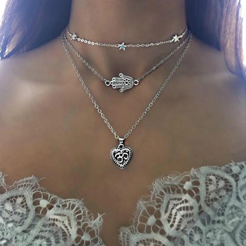 Ожерелье многослойное женское, модное ожерелье с надписью Love, со звездами, пальмовыми сердечками, в европейском стиле и богемном стиле, аксе...