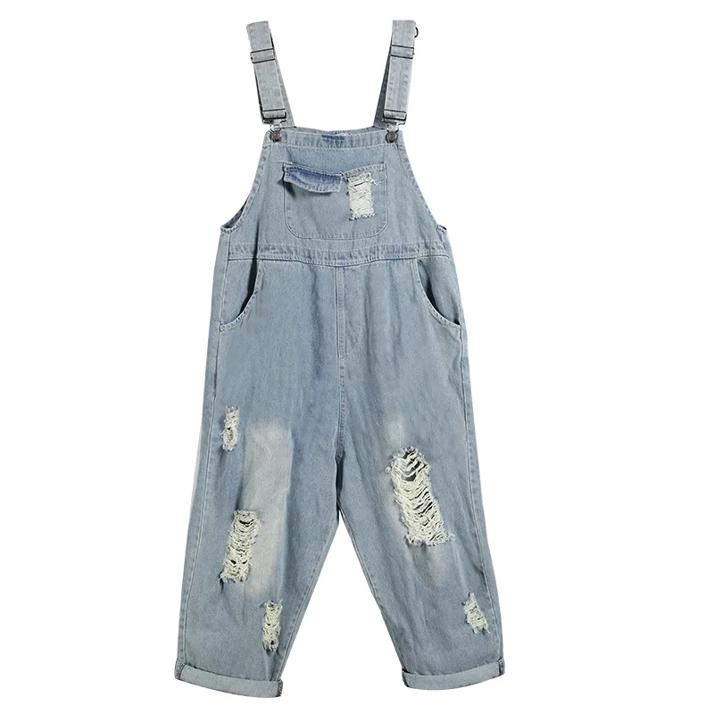 Female Casual Grinding White Hole Denim Bib Jumpsuits Light Blue Suspender Harem Hanging Pants Women
Female Casual Grinding White Hole Denim Bib Jumpsuits Light Blue Suspender Harem Hanging Pants Women