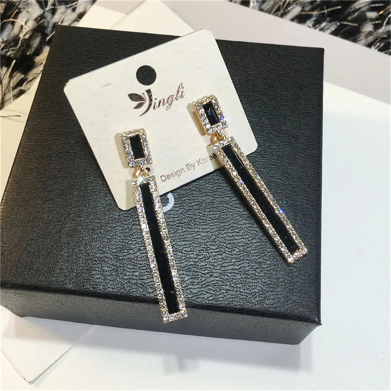 

New Korea Long Geometric Drop Earrings Luxury Black Color Rectangle Rose Gold Rhinestone Earring for Women Party Jewelry Gift 35