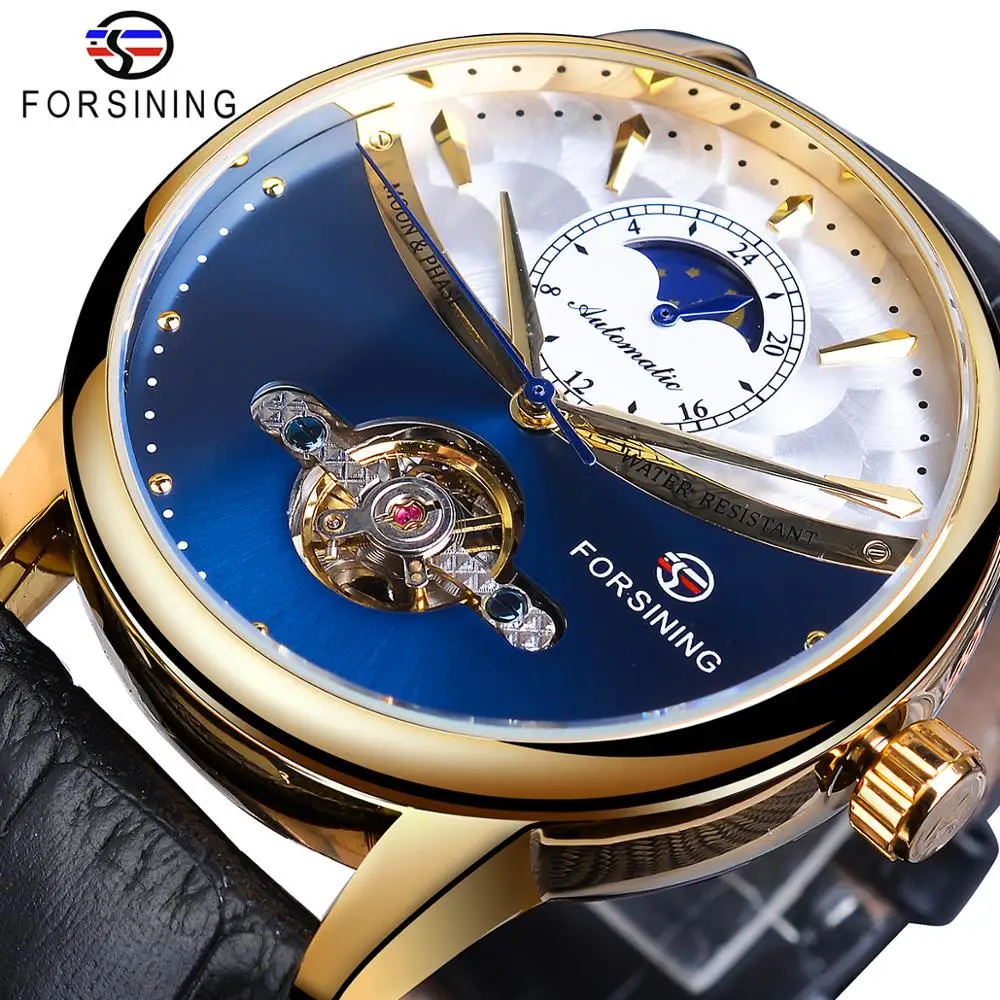 Forsining Royal Blue Male Mechanical Watch Automatic Golden Case Moon Phase Tourbillon Black Leather Fashion otomatik erkek saat
Forsining Royal Blue Male Mechanical Watch Automatic Golden Case Moon Phase Tourbillon Black Leather Fashion otomatik erkek saat